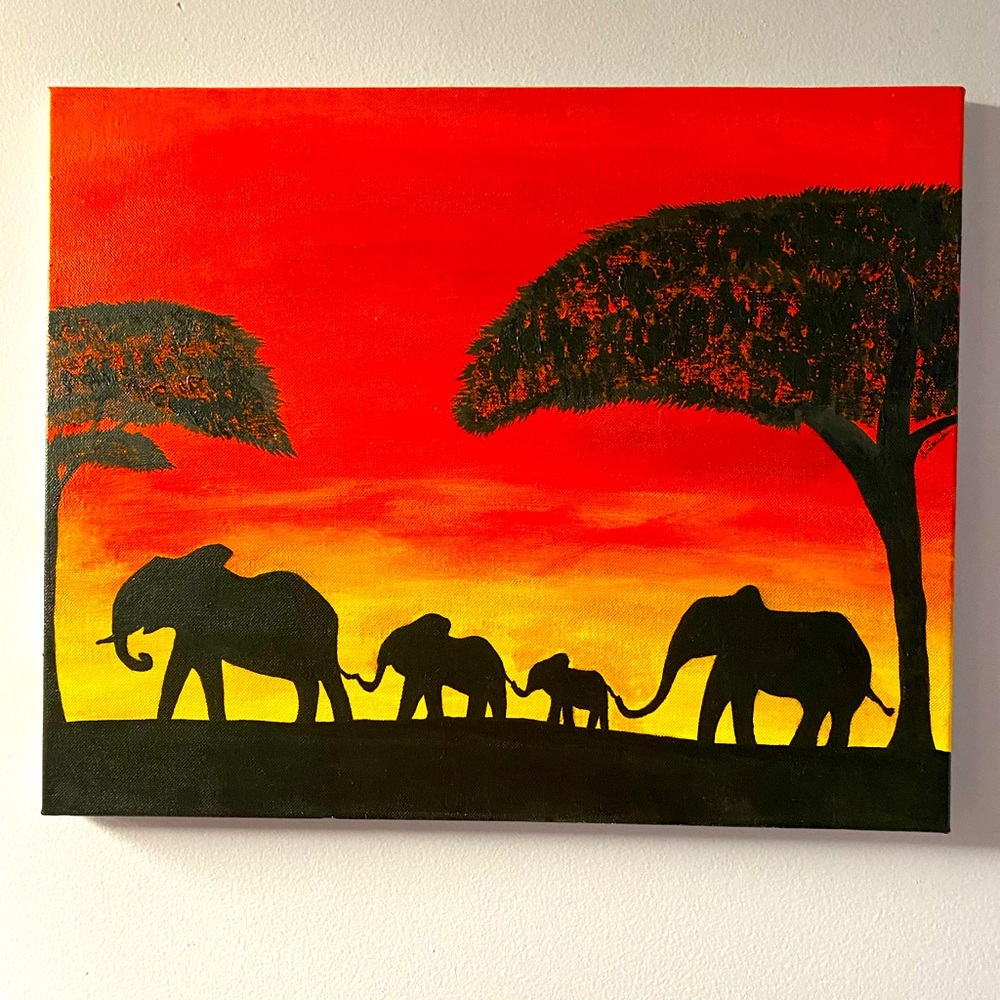 Beautiful Original Painting of Elephant Family at Sunset